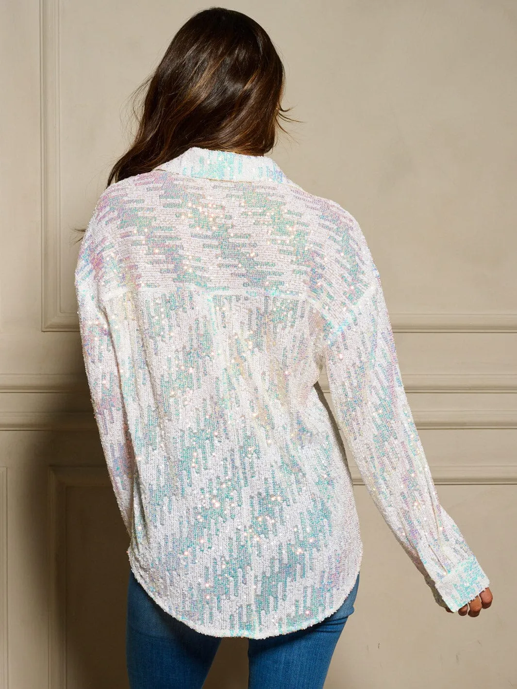 WOMEN'S LONG SLEEVE BUTTON UP SEQUINS OVERSIZE BLOUSE TOP