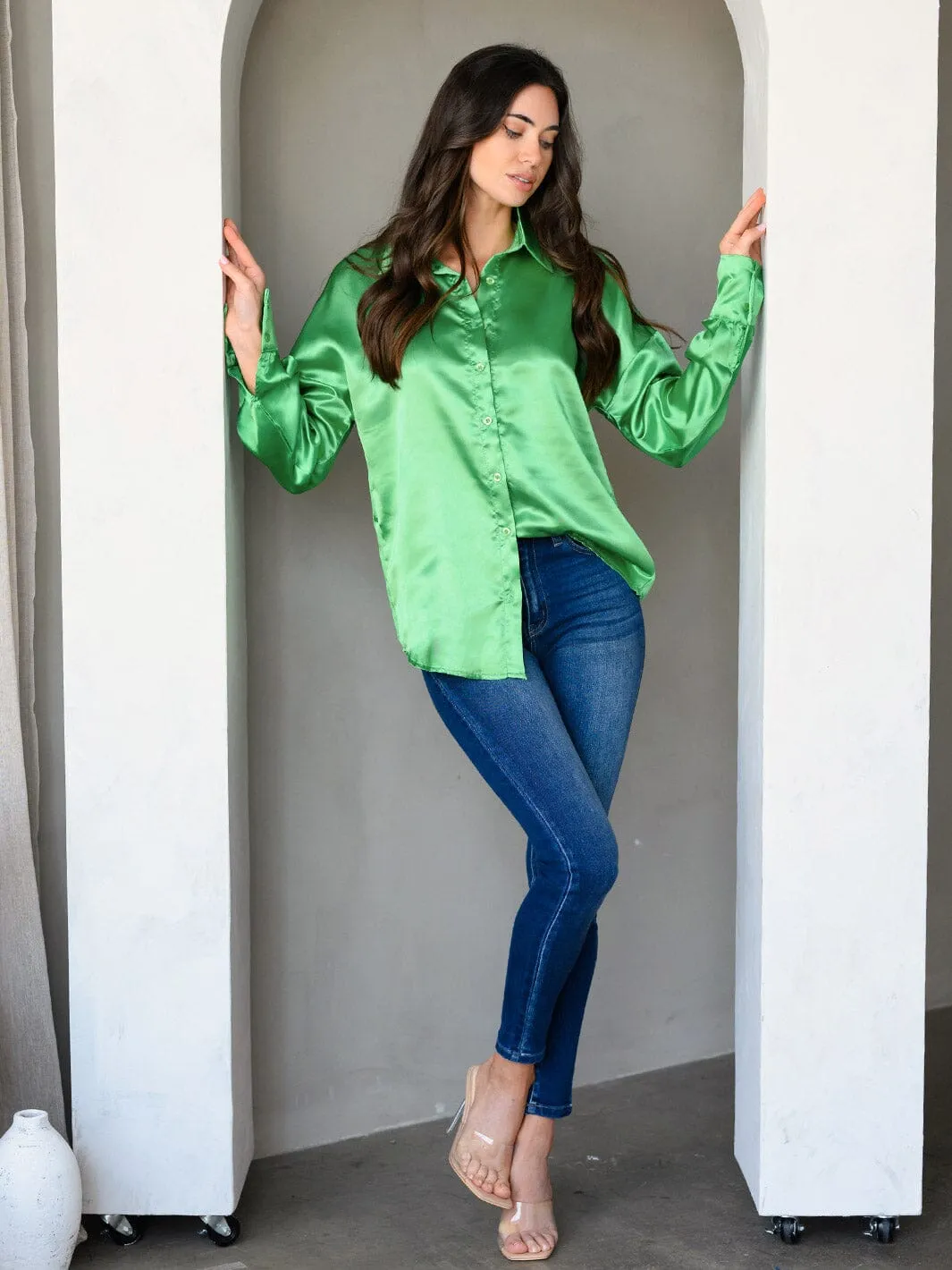 WOMEN'S LONG SLEEVE BUTTON UP SILK  TOP