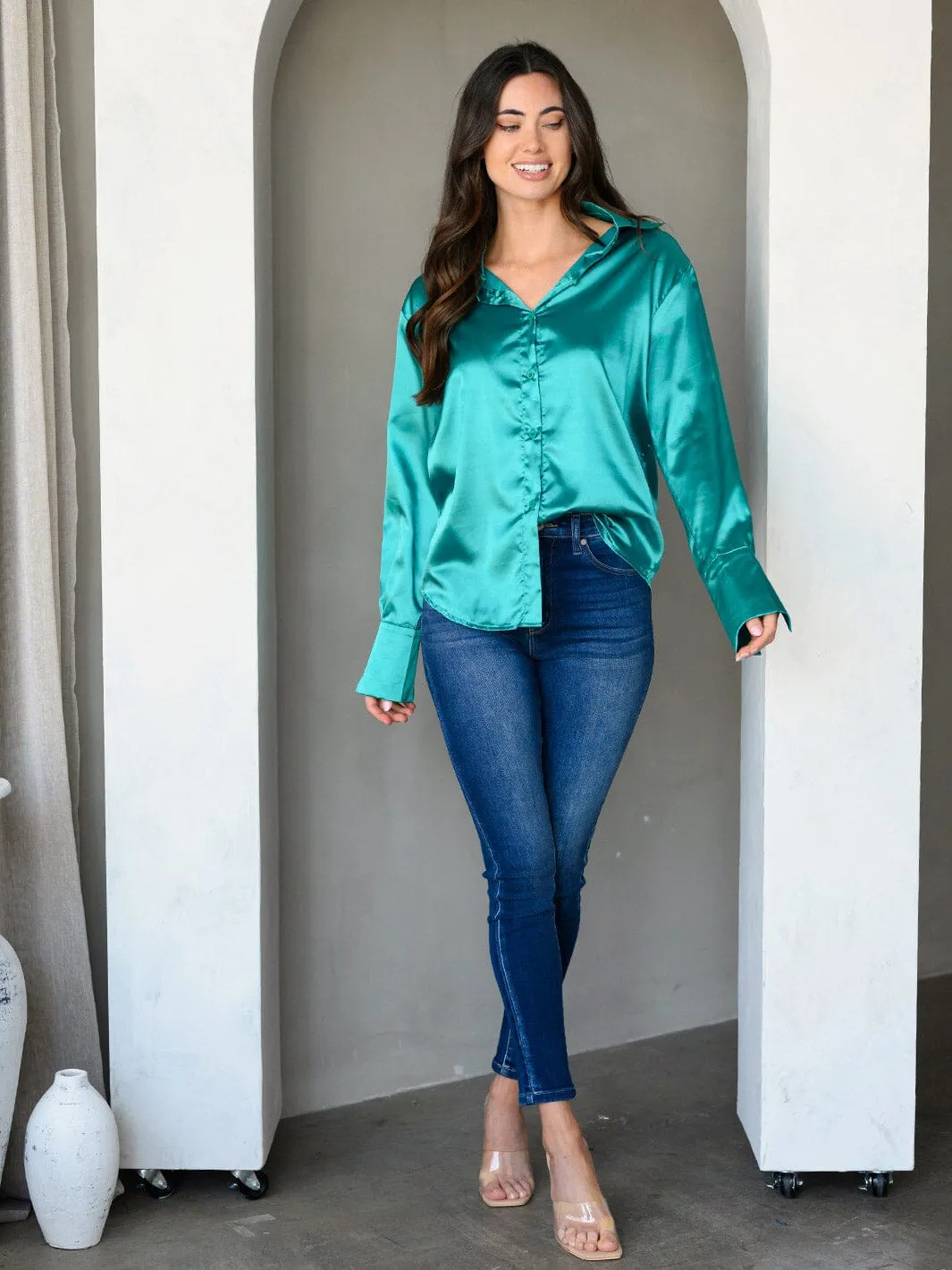 WOMEN'S LONG SLEEVE BUTTON UP SILK  TOP