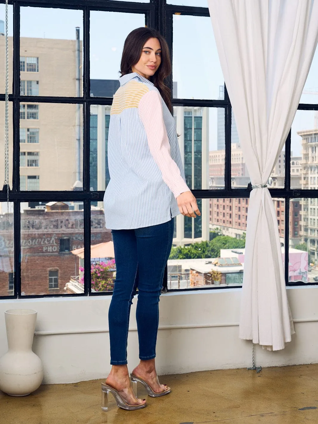 WOMEN'S LONG SLEEVE BUTTON UP STRIPES COLORBLOCK TOP