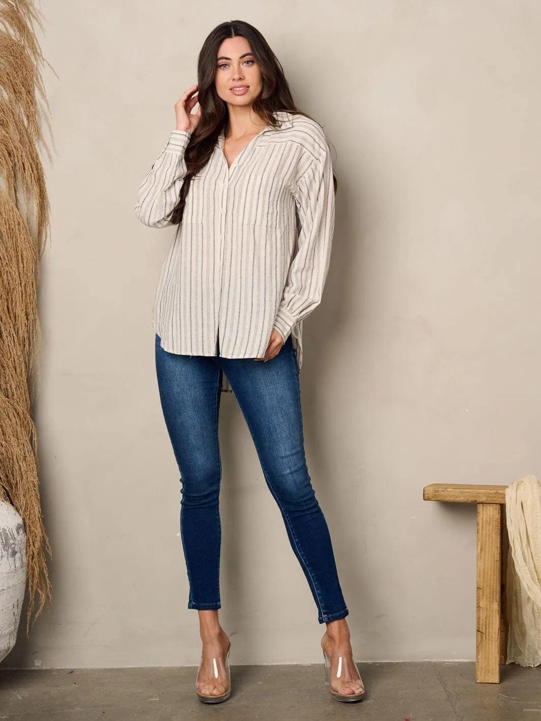 WOMEN'S LONG SLEEVE BUTTON UP STRIPES TOP