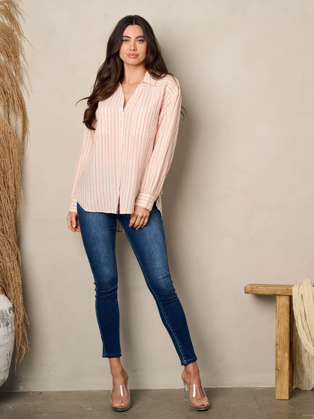 WOMEN'S LONG SLEEVE BUTTON UP STRIPES TOP