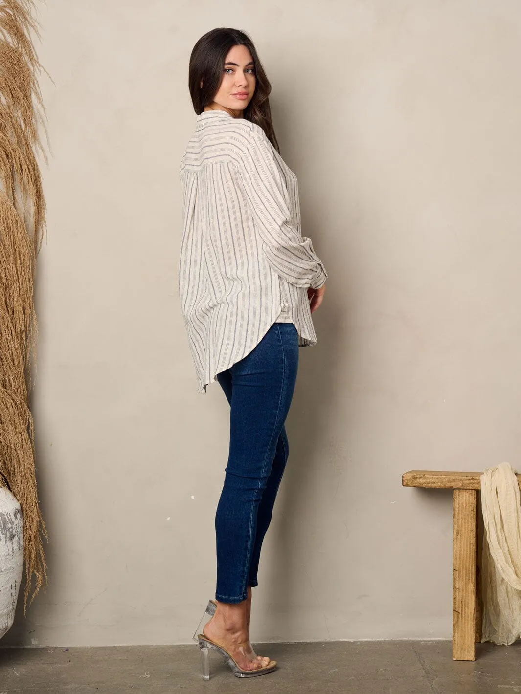WOMEN'S LONG SLEEVE BUTTON UP STRIPES TOP