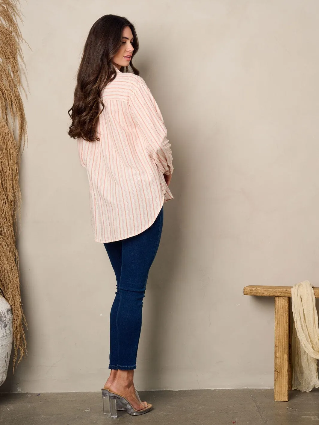 WOMEN'S LONG SLEEVE BUTTON UP STRIPES TOP