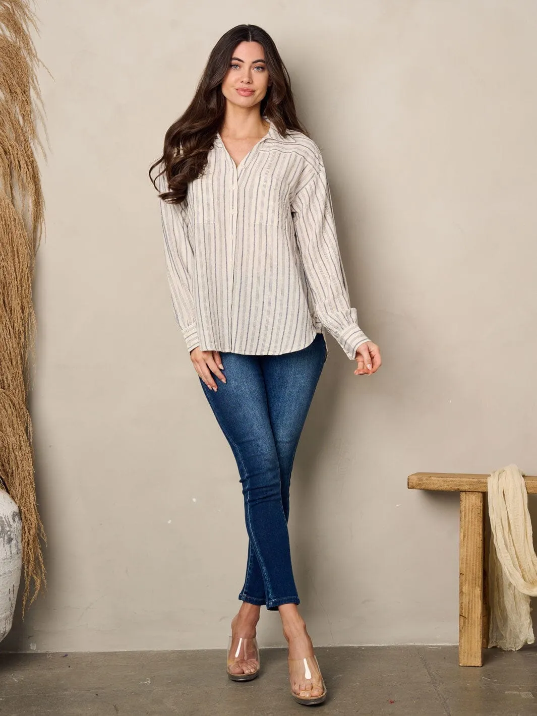 WOMEN'S LONG SLEEVE BUTTON UP STRIPES TOP