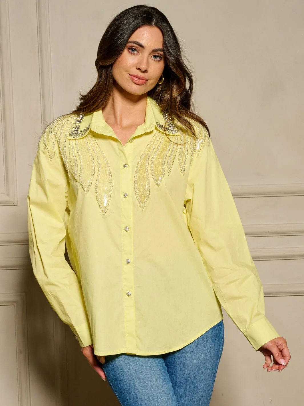 WOMEN'S LONG SLEEVE BUTTON UP STUDS DETAILED OVERSIZE TOP