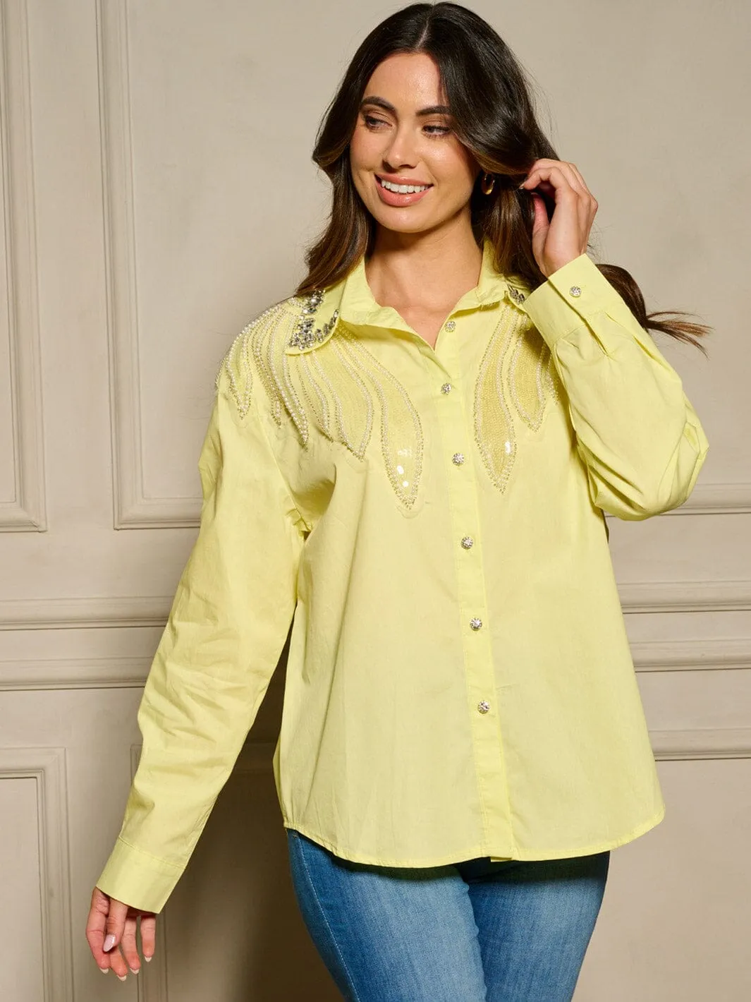 WOMEN'S LONG SLEEVE BUTTON UP STUDS DETAILED OVERSIZE TOP
