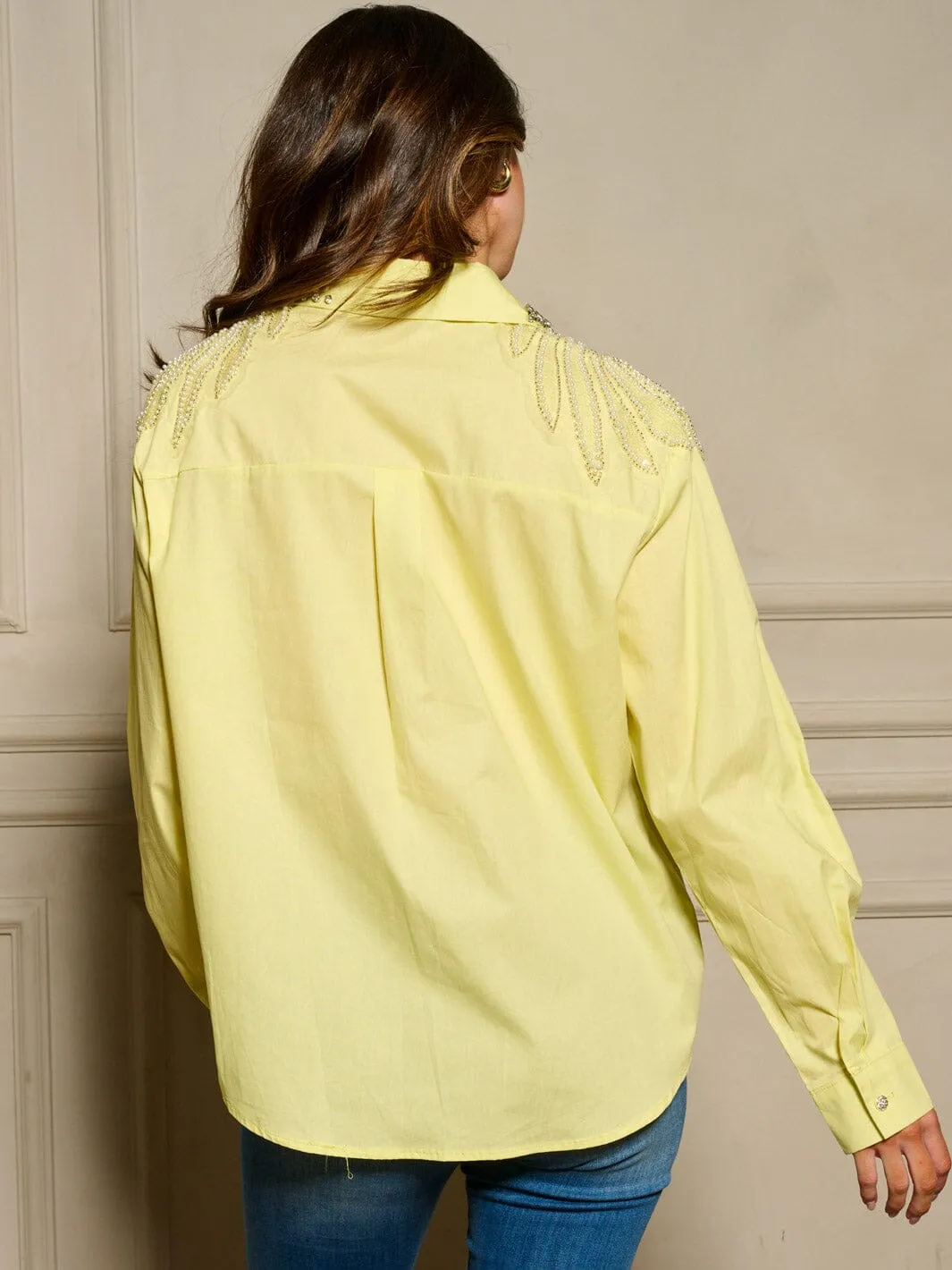 WOMEN'S LONG SLEEVE BUTTON UP STUDS DETAILED OVERSIZE TOP