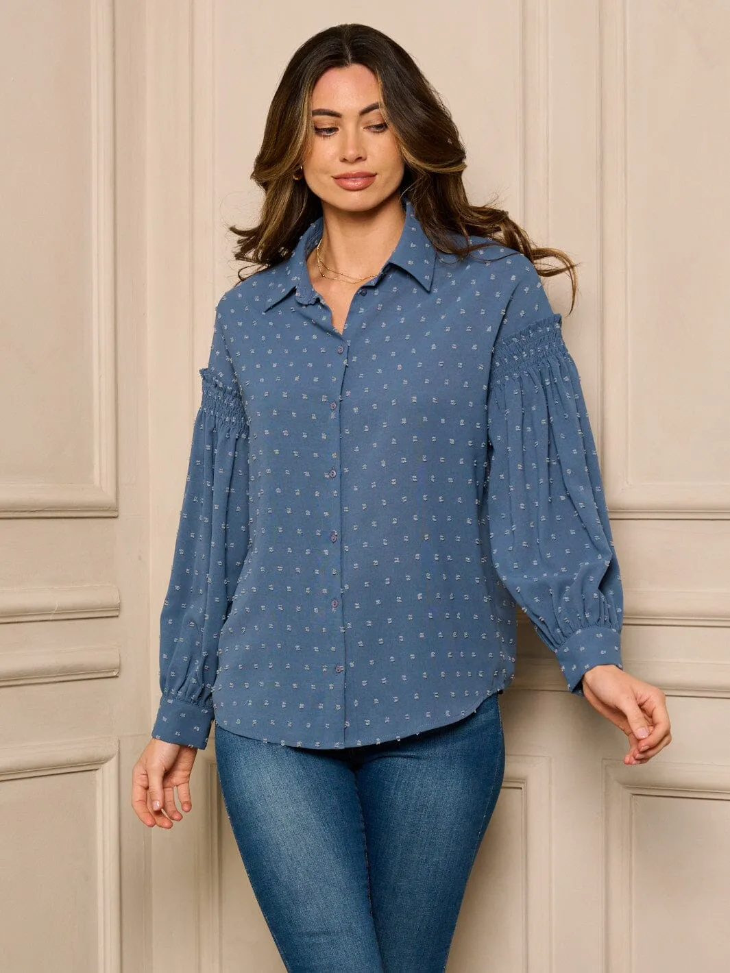 WOMEN'S LONG SLEEVE BUTTON UP SWISS DOTS BLOUSE TOP