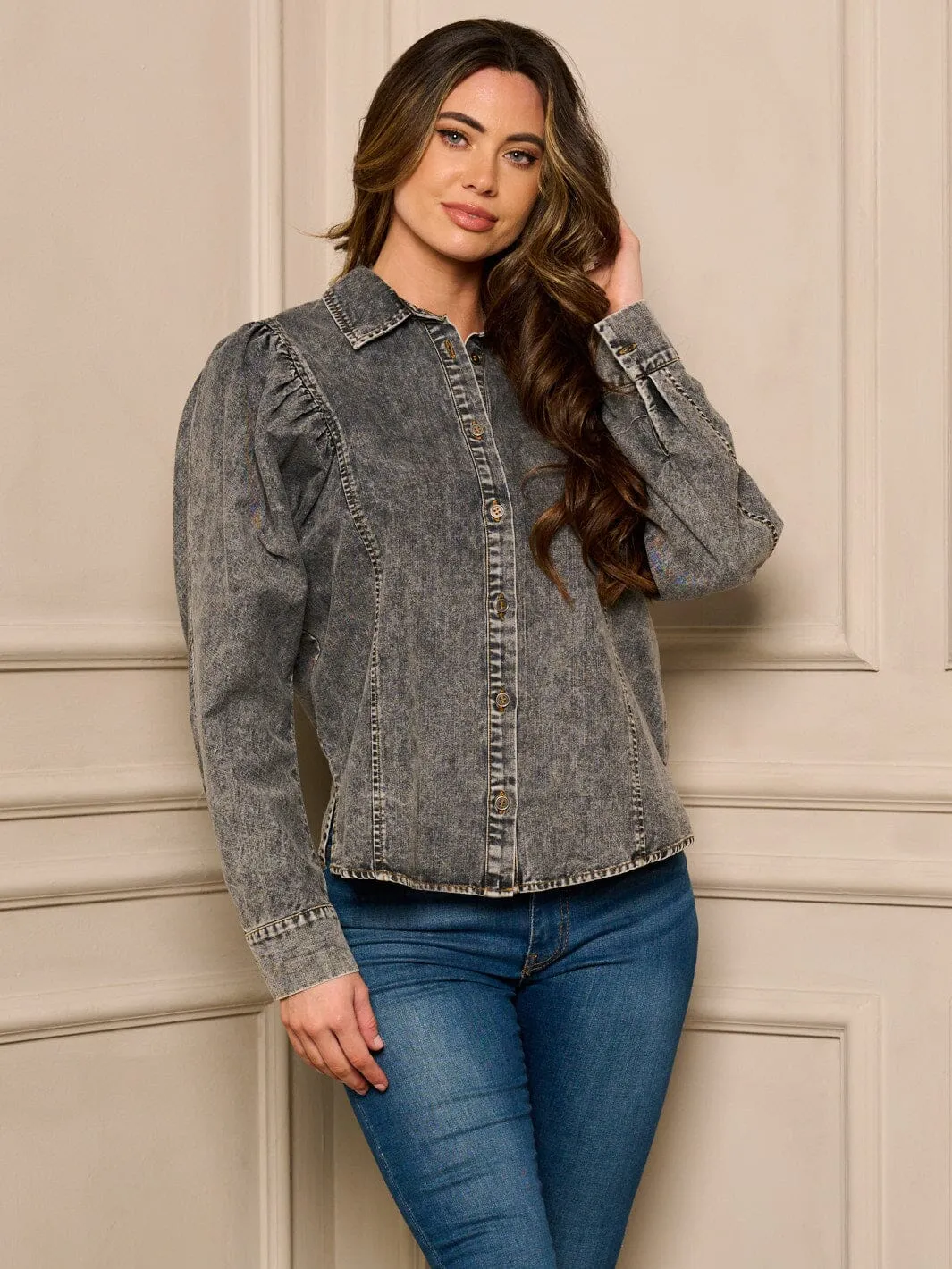 WOMEN'S LONG SLEEVE BUTTON UP WASHED BLOUSE TOP