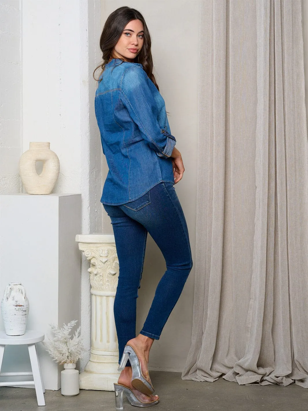 WOMEN'S LONG SLEEVE BUTTON UP WASHED DENIM TOP