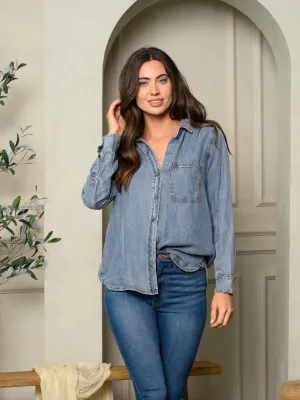 WOMEN'S LONG SLEEVE CHAMBRAY BUTTON DOWN SHIRT TOP