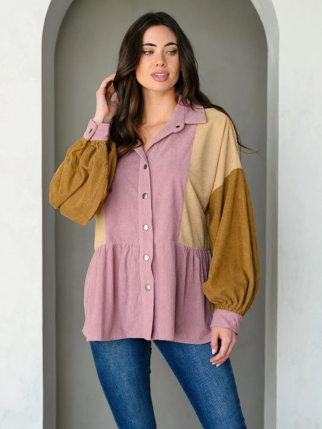 WOMEN'S LONG SLEEVE COLORBLOCK BUTTON UP TOP