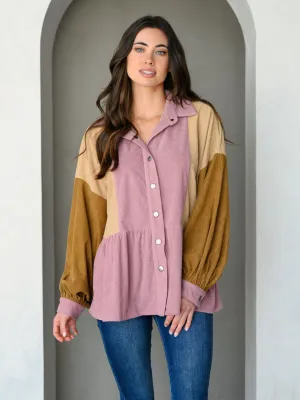 WOMEN'S LONG SLEEVE COLORBLOCK BUTTON UP TOP