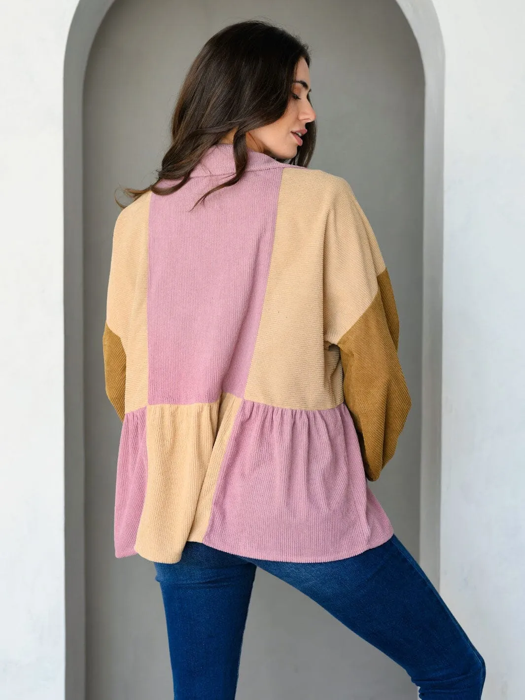 WOMEN'S LONG SLEEVE COLORBLOCK BUTTON UP TOP