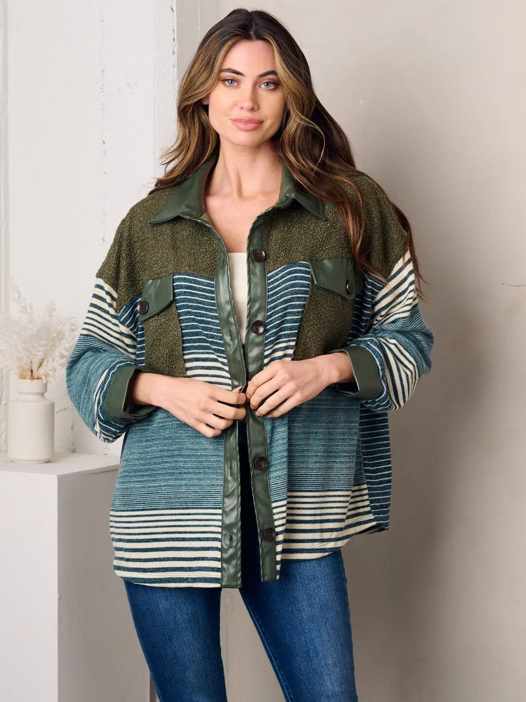 WOMEN'S LONG SLEEVE COLORBLOCK OVERSIZED PU DETAILED TOP