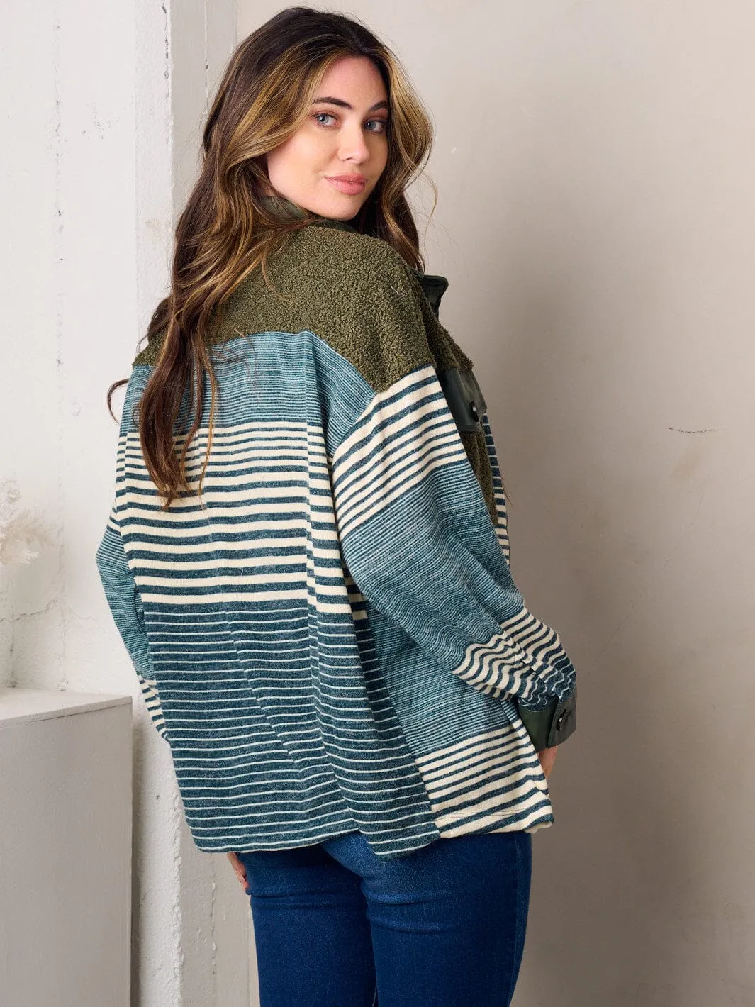 WOMEN'S LONG SLEEVE COLORBLOCK OVERSIZED PU DETAILED TOP