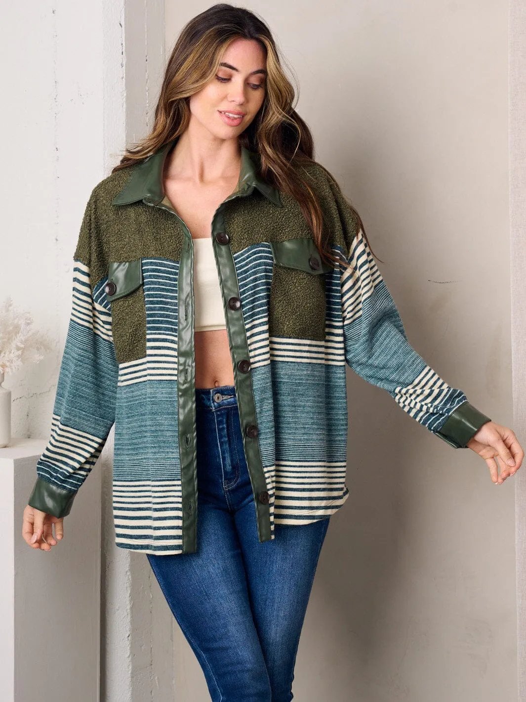 WOMEN'S LONG SLEEVE COLORBLOCK OVERSIZED PU DETAILED TOP