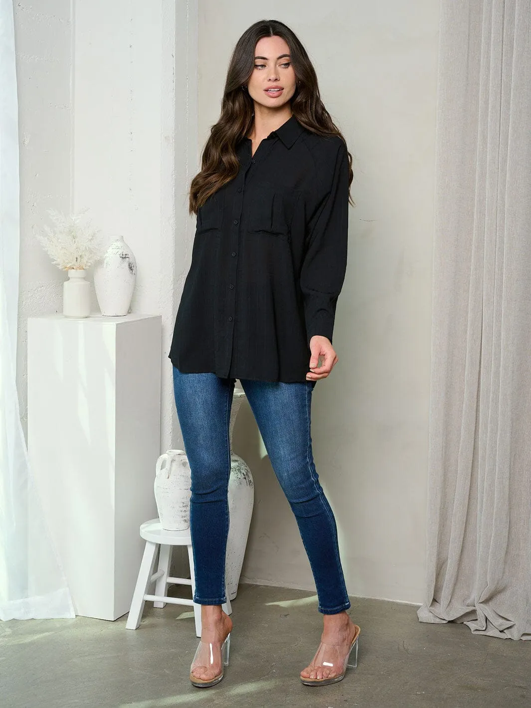 WOMEN'S LONG SLEEVE FRONT POCKET BUTTON UP BLOUSE TOP