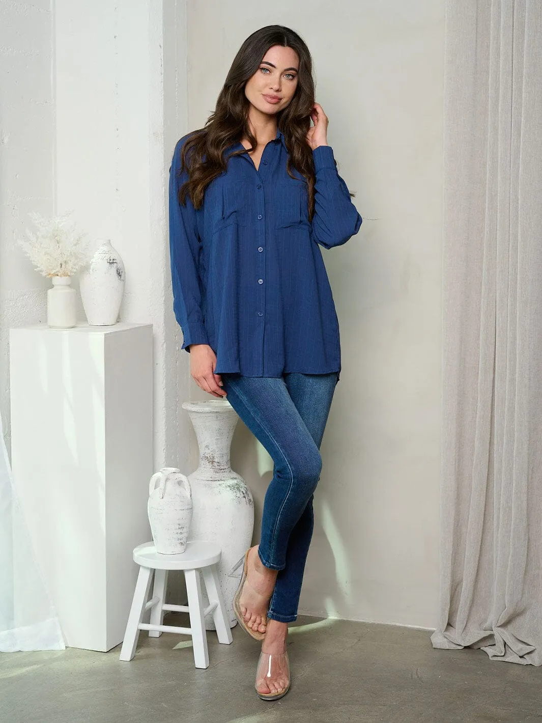 WOMEN'S LONG SLEEVE FRONT POCKET BUTTON UP BLOUSE TOP