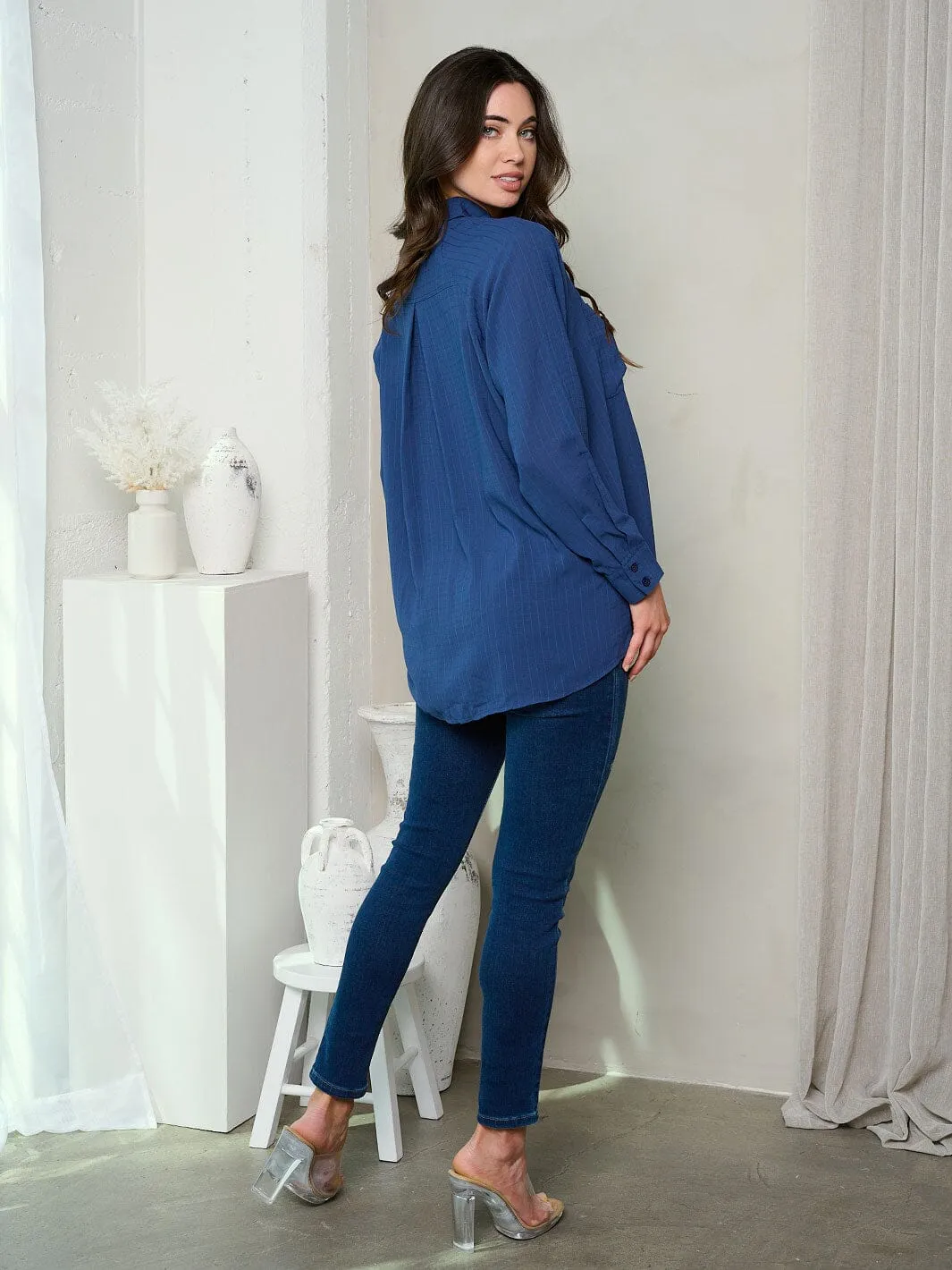 WOMEN'S LONG SLEEVE FRONT POCKET BUTTON UP BLOUSE TOP