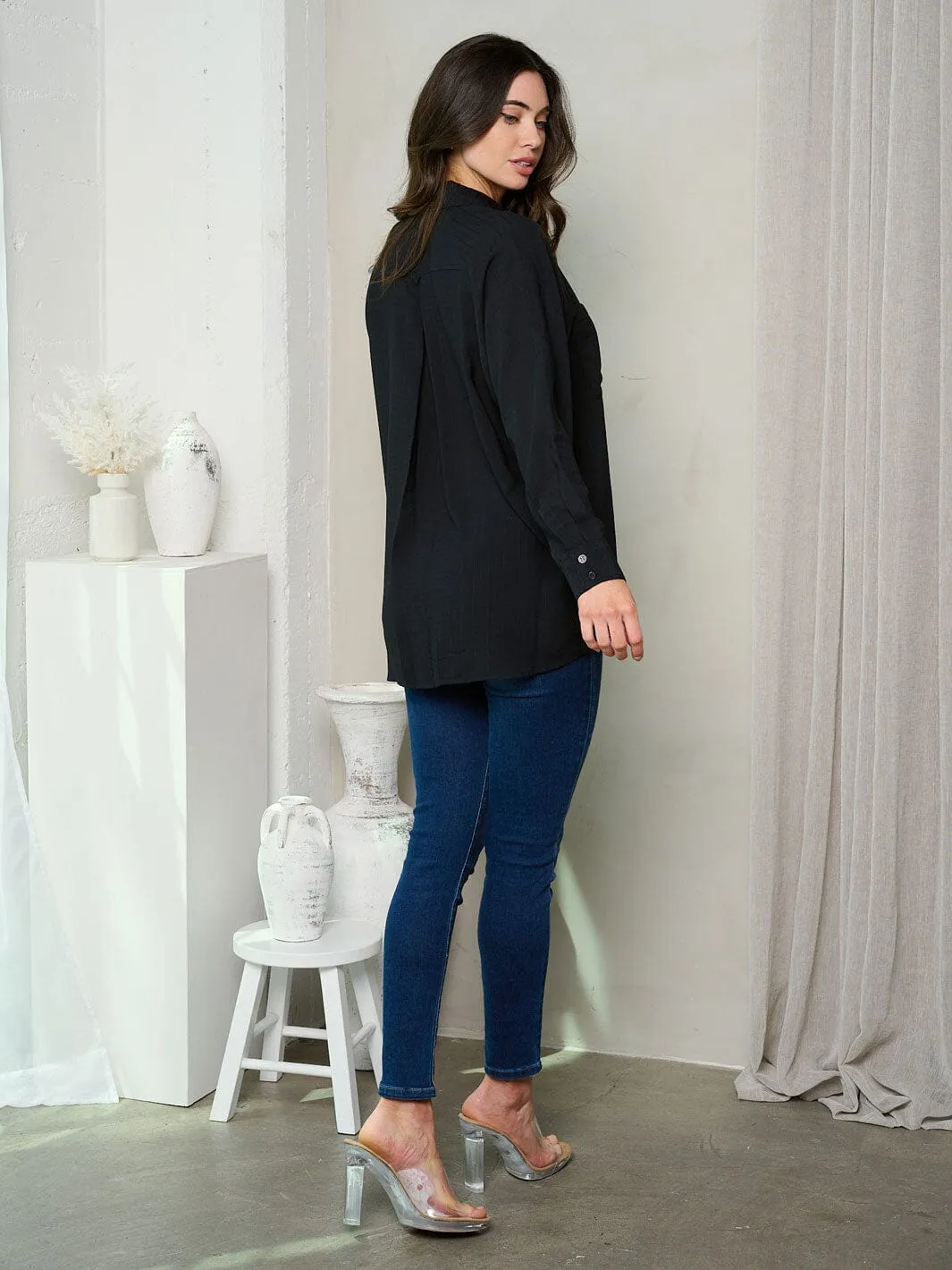 WOMEN'S LONG SLEEVE FRONT POCKET BUTTON UP BLOUSE TOP