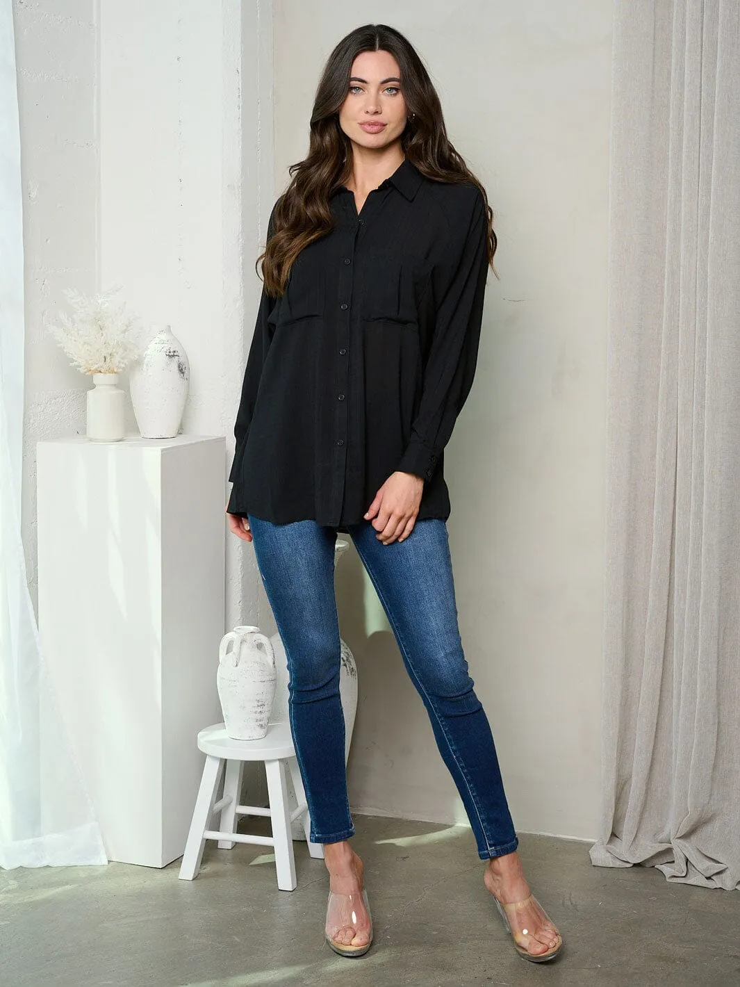 WOMEN'S LONG SLEEVE FRONT POCKET BUTTON UP BLOUSE TOP