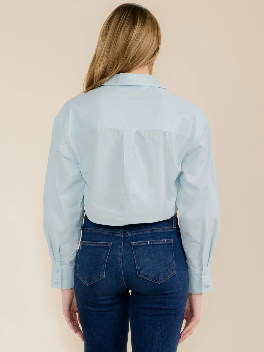 WOMEN'S LONG SLEEVE FRONT POCKETS BUTTON UP CROP TOP