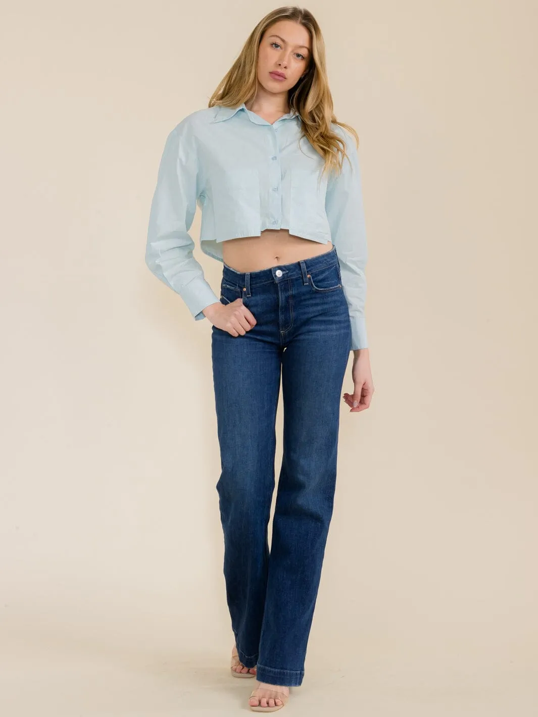 WOMEN'S LONG SLEEVE FRONT POCKETS BUTTON UP CROP TOP