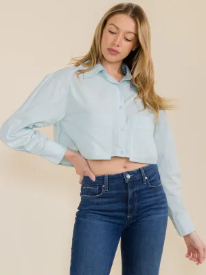 WOMEN'S LONG SLEEVE FRONT POCKETS BUTTON UP CROP TOP