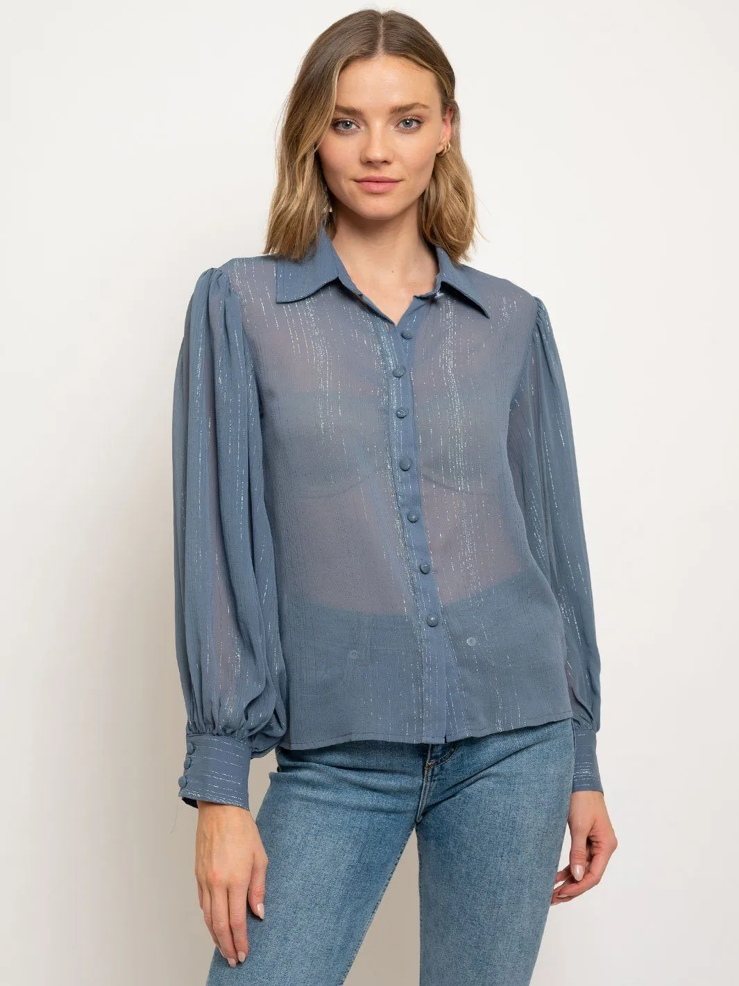 WOMEN'S LONG SLEEVE METALLIC STRIPES BUTTON FRONT TOP