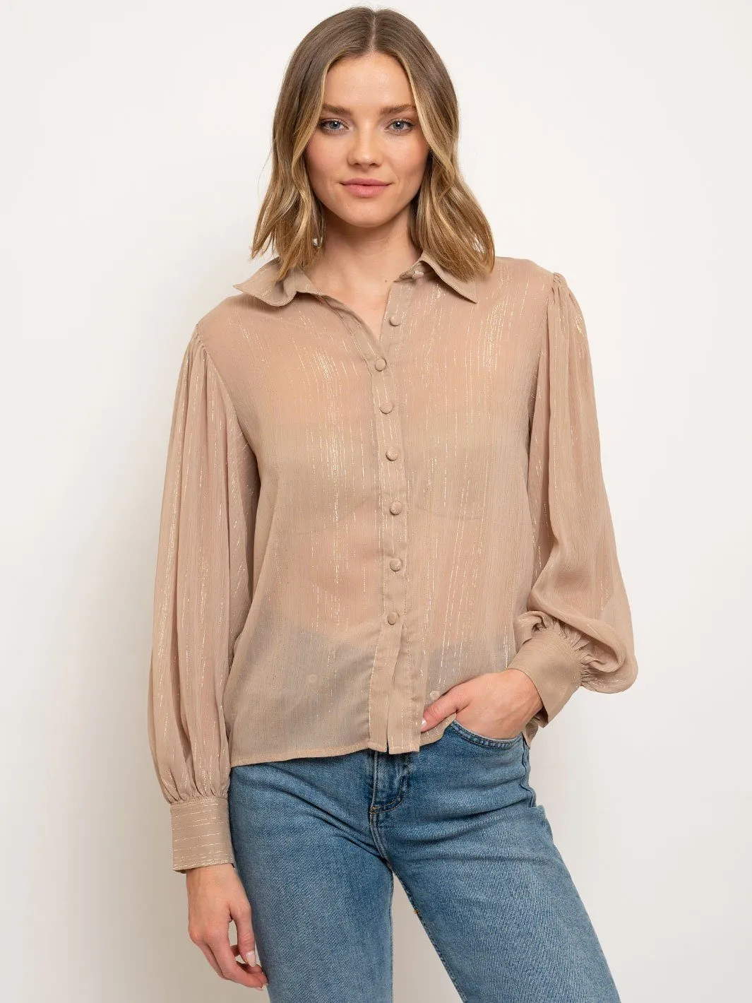 WOMEN'S LONG SLEEVE METALLIC STRIPES BUTTON FRONT TOP