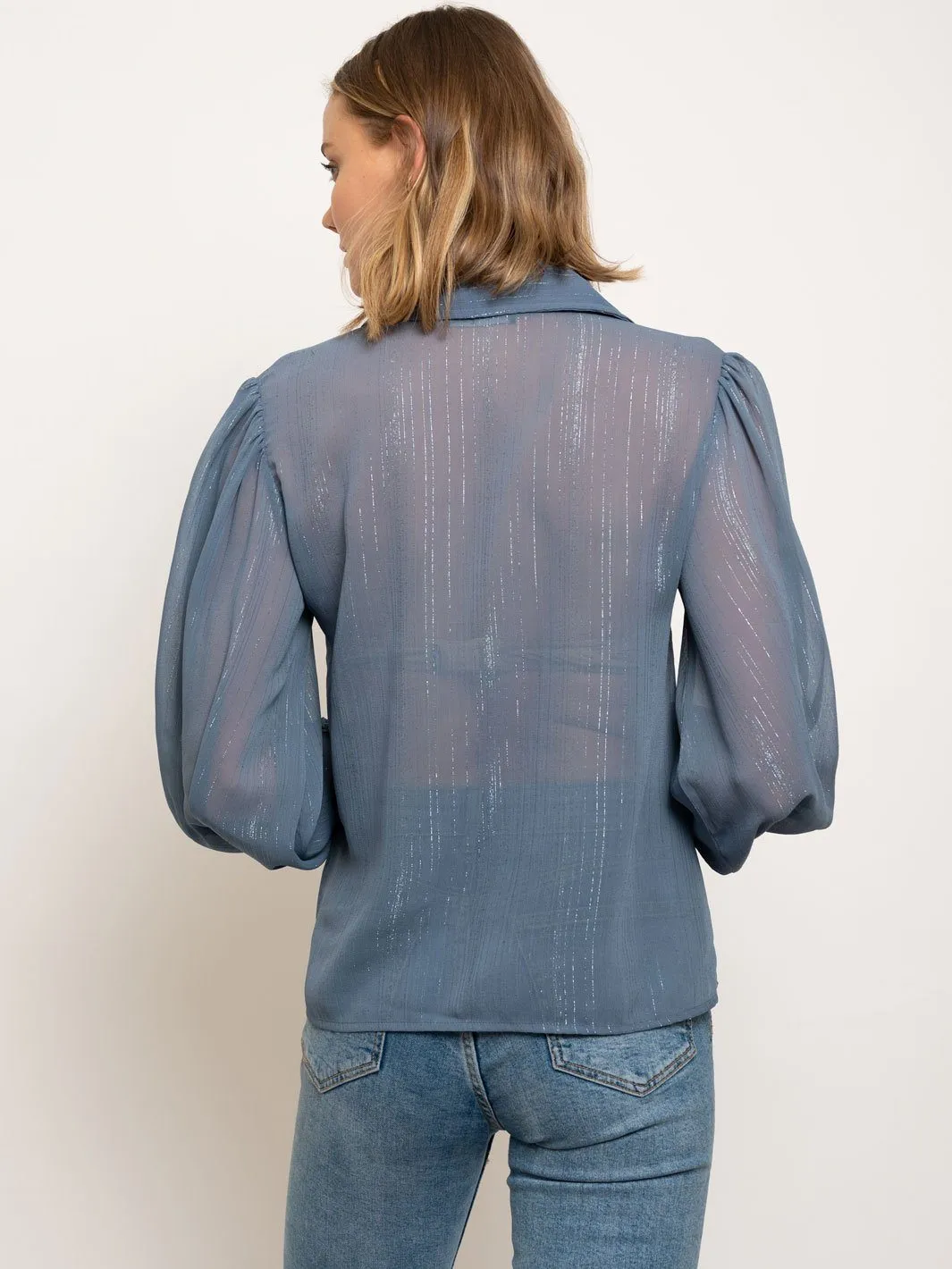 WOMEN'S LONG SLEEVE METALLIC STRIPES BUTTON FRONT TOP