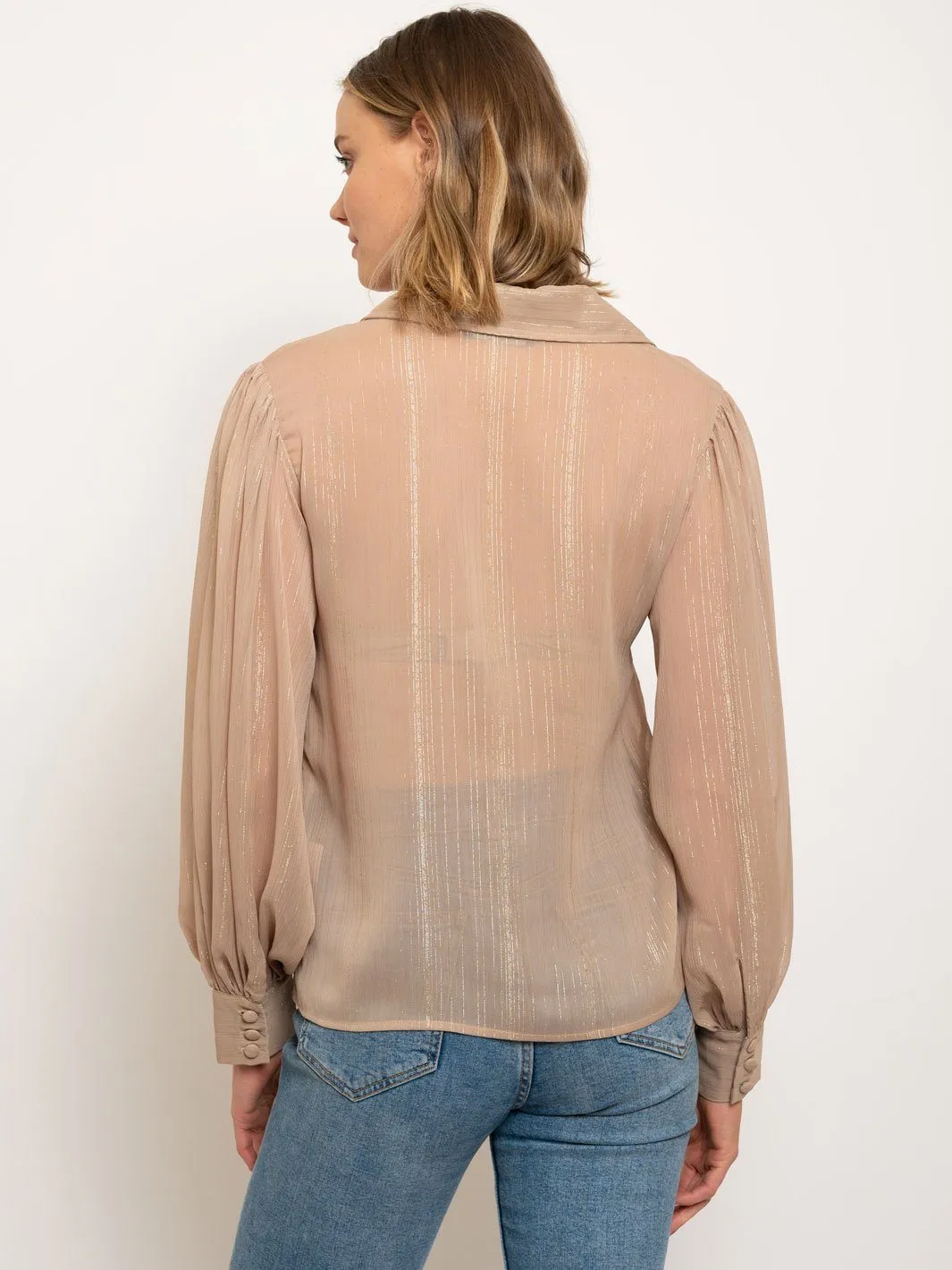 WOMEN'S LONG SLEEVE METALLIC STRIPES BUTTON FRONT TOP