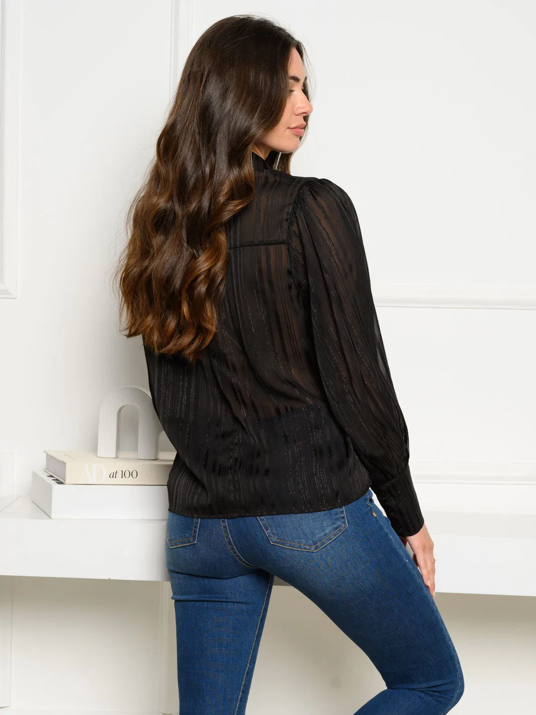 WOMEN'S LONG SLEEVE SHIMMER BUTTON UP TOP