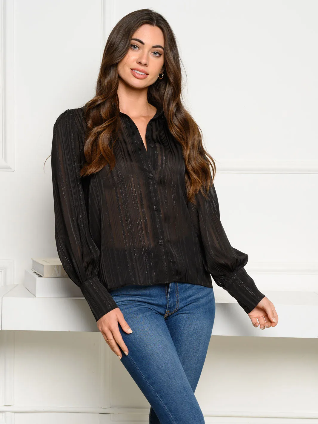 WOMEN'S LONG SLEEVE SHIMMER BUTTON UP TOP
