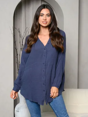 WOMEN'S LONG SLEEVE SOLID V-NECK BUTTON UP TOP