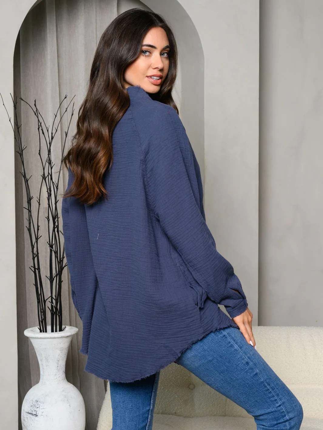 WOMEN'S LONG SLEEVE SOLID V-NECK BUTTON UP TOP