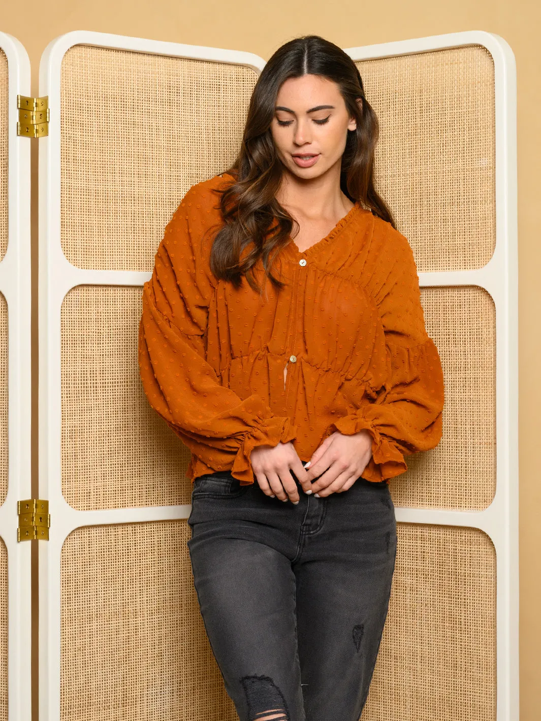 WOMEN'S LONG SLEEVE SWISS DOT BUTTON UP TOP