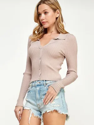 WOMEN'S LONG SLEEVES BUTTON UP RIBBED BLOUSE TOP