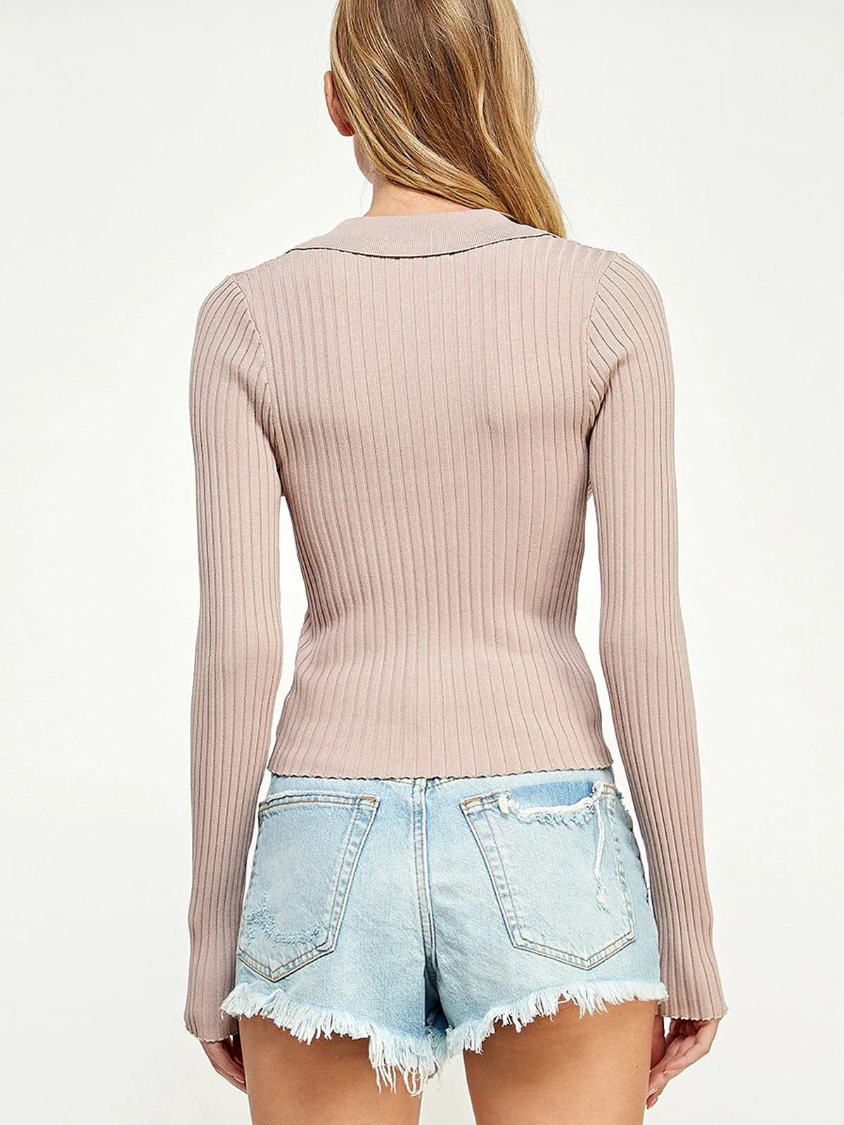 WOMEN'S LONG SLEEVES BUTTON UP RIBBED BLOUSE TOP