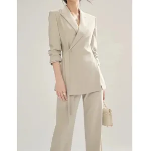 Women's Pant & Blazer 2 Piece Set Chic Long Sleeve Blazer High Waist Straight Pants Vintage Suit Office Attire