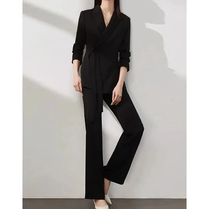 Women's Pant & Blazer 2 Piece Set Chic Long Sleeve Blazer High Waist Straight Pants Vintage Suit Office Attire