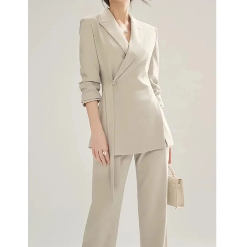 Women's Pant & Blazer 2 Piece Set Chic Long Sleeve Blazer High Waist Straight Pants Vintage Suit Office Attire