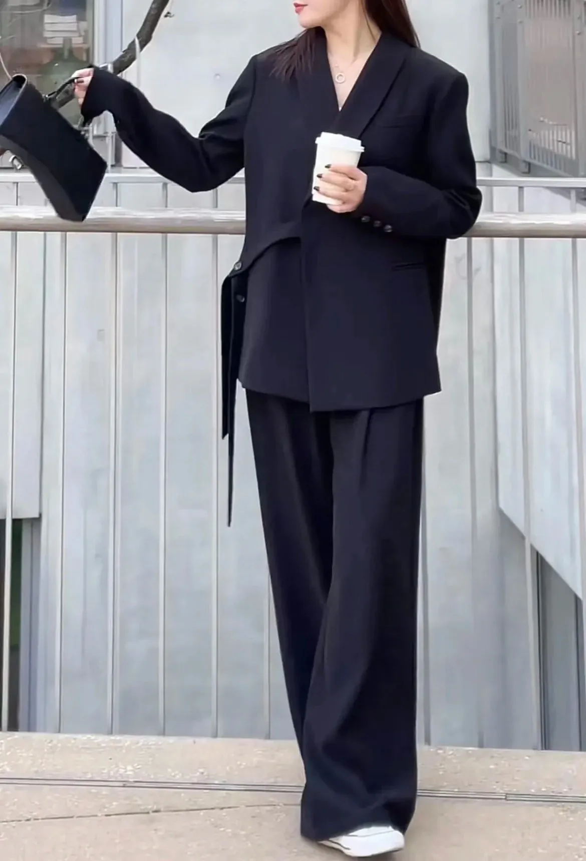 Women's Pant Suits Office 2-Piece Sets Pockets Coat Wide Leg Pants Spring Autumn Office Wear New Fashion Elegant Blazer & Trousers