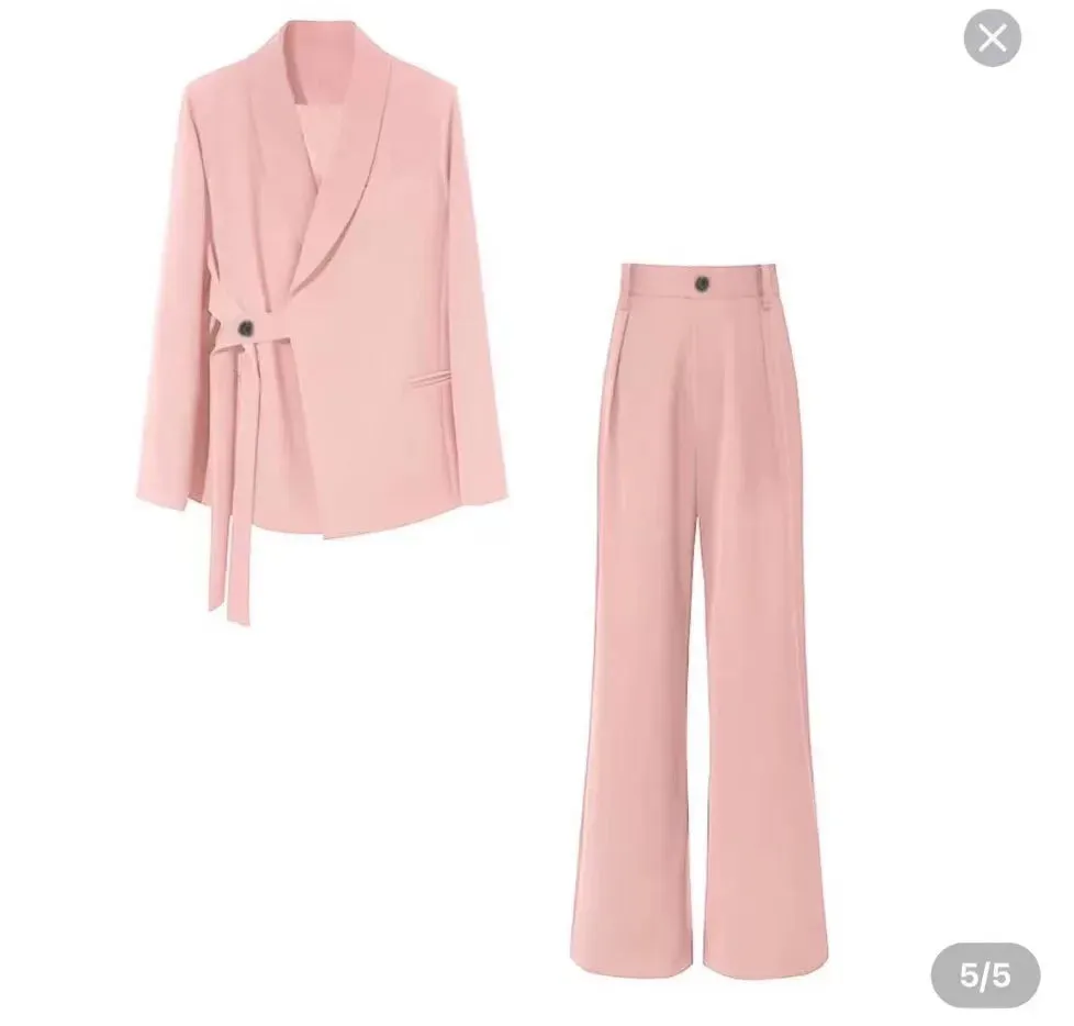 Women's Pant Suits Office 2-Piece Sets Pockets Coat Wide Leg Pants Spring Autumn Office Wear New Fashion Elegant Blazer & Trousers