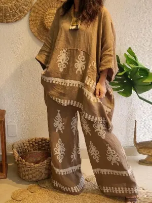 Women's Round Neck Splicing Print Three-quarter Sleeve Long Top High Waist Casual Linen Pocket Print Wide Leg Pants Set