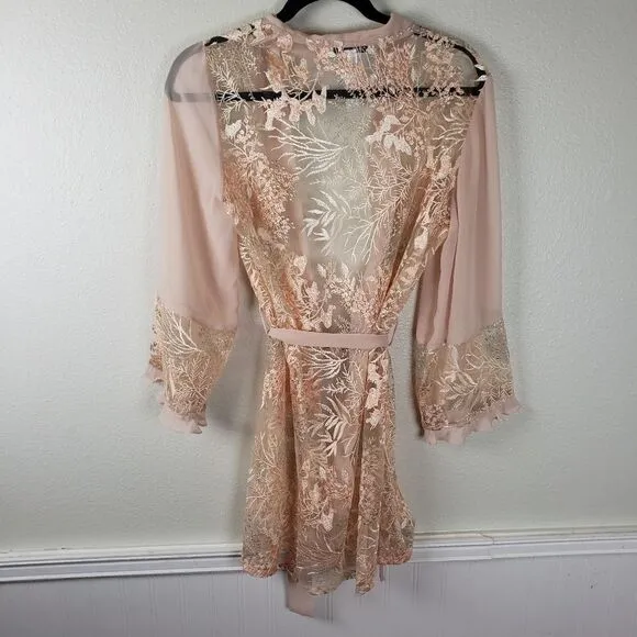 Women's Rya Collection Peach Lace embroidered Short Evening Sleepwear Robe XS/S