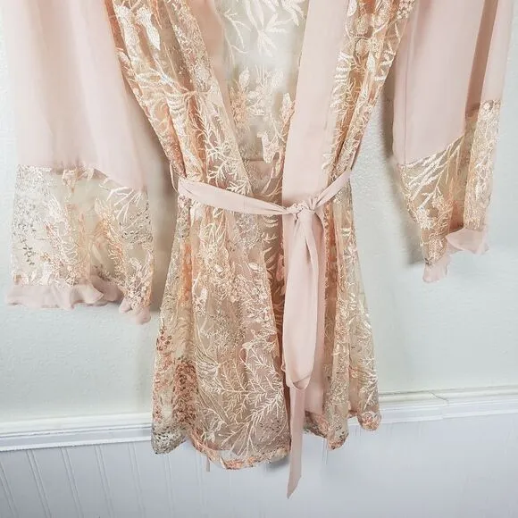 Women's Rya Collection Peach Lace embroidered Short Evening Sleepwear Robe XS/S