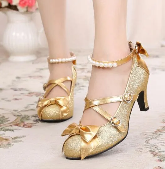 Women's Shiny Silver/Gold Sequin Pumps Criss-Cross Pearl Ankle Strap Princess Lolita Shoes